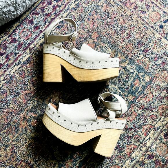 Zara Leather Suede Studded Wooden Heel Platform Sandals Clogs Size 9 - Picture 11 of 11